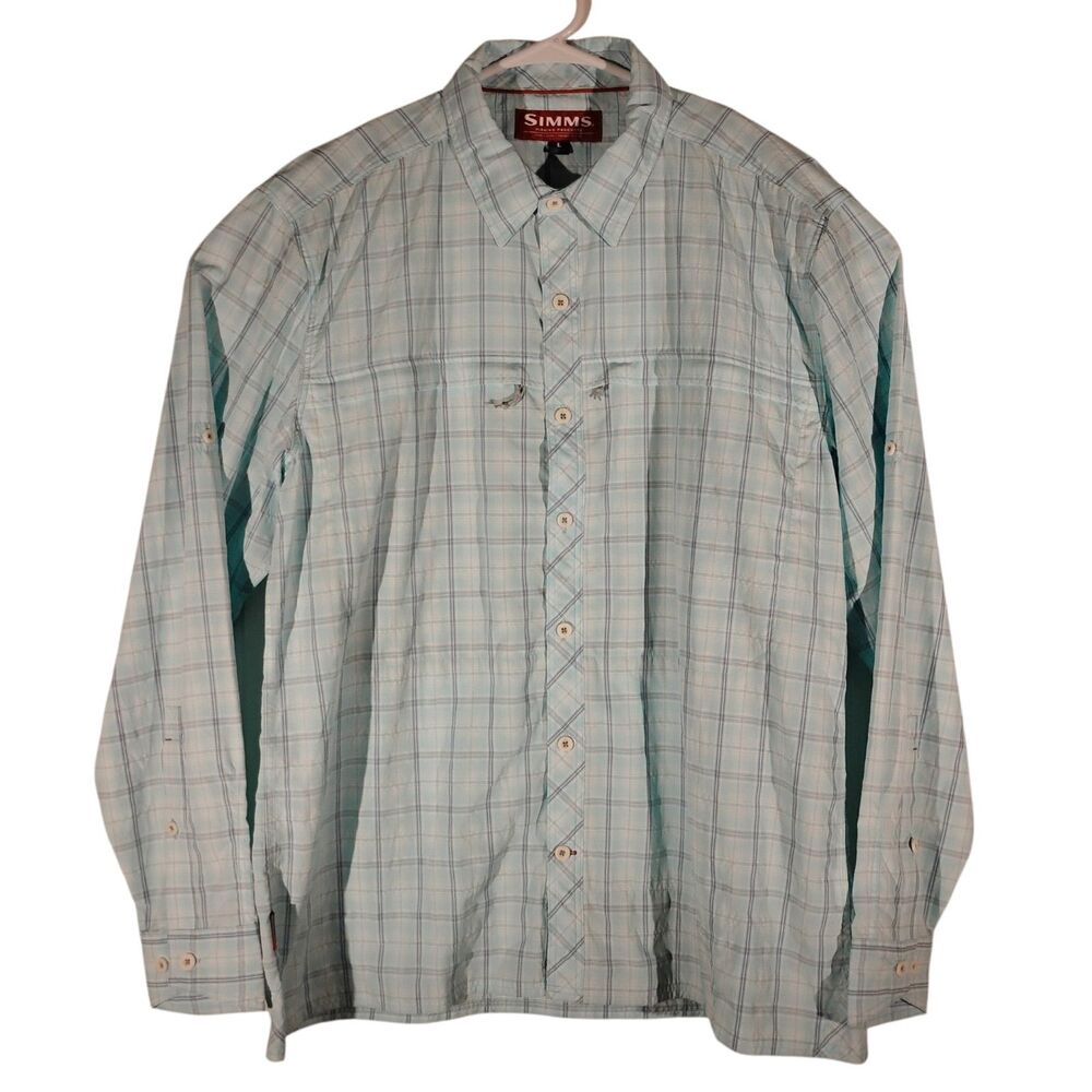 Simms fishing shirt mens L Laarge blue plaid long sleeve button outdoor
